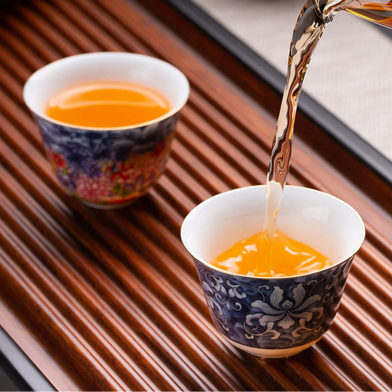 Taza de té de cerámica de porcelana azul y blanca, Buddha Stones, flores coloridas, orquídeas, olas del mar, taza de té de Kung Fu