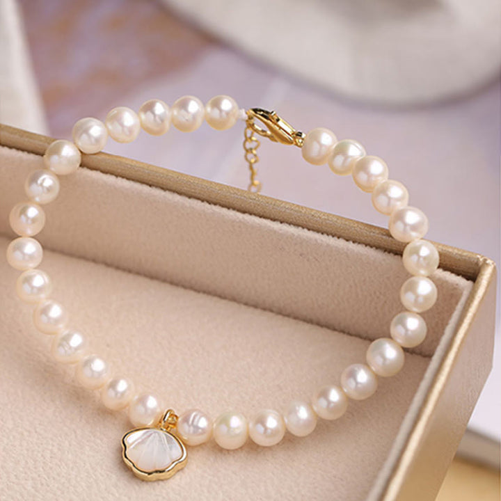 Pulsera de cuentas con dije de concha de cristal y perlas naturales chapadas en oro de 14 quilates con Buddha Stones