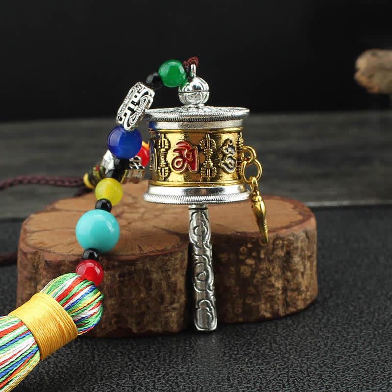 Tíbet Om Mani Padme Hum rueda de oración borla bolsa decoración colgante de coche