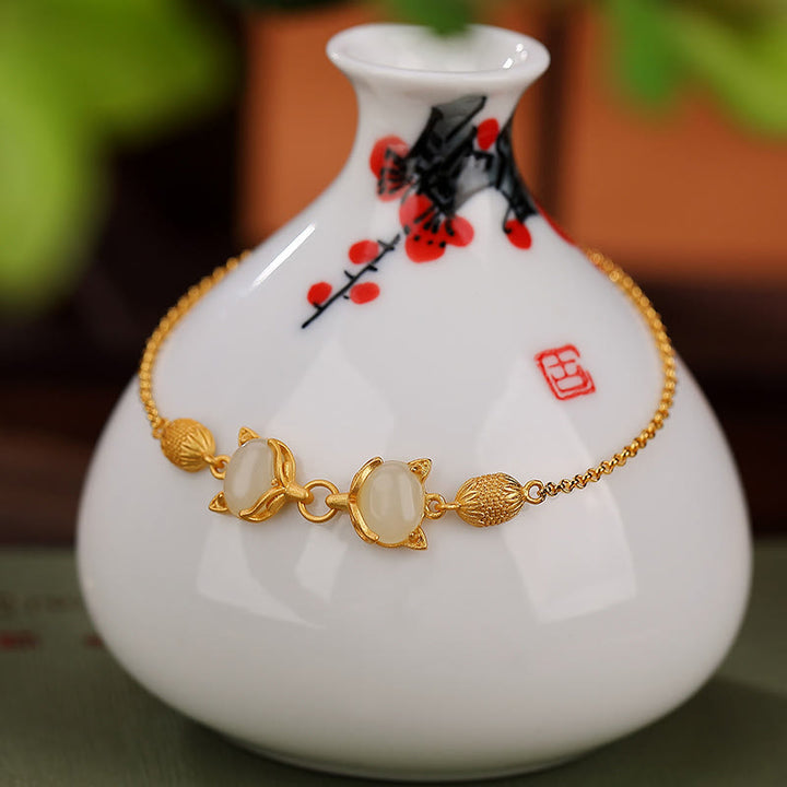 Buddha Stones Plata de Ley 925 Natural Hetian blanco Jade cian Jade encantadora pulsera de la suerte de zorro