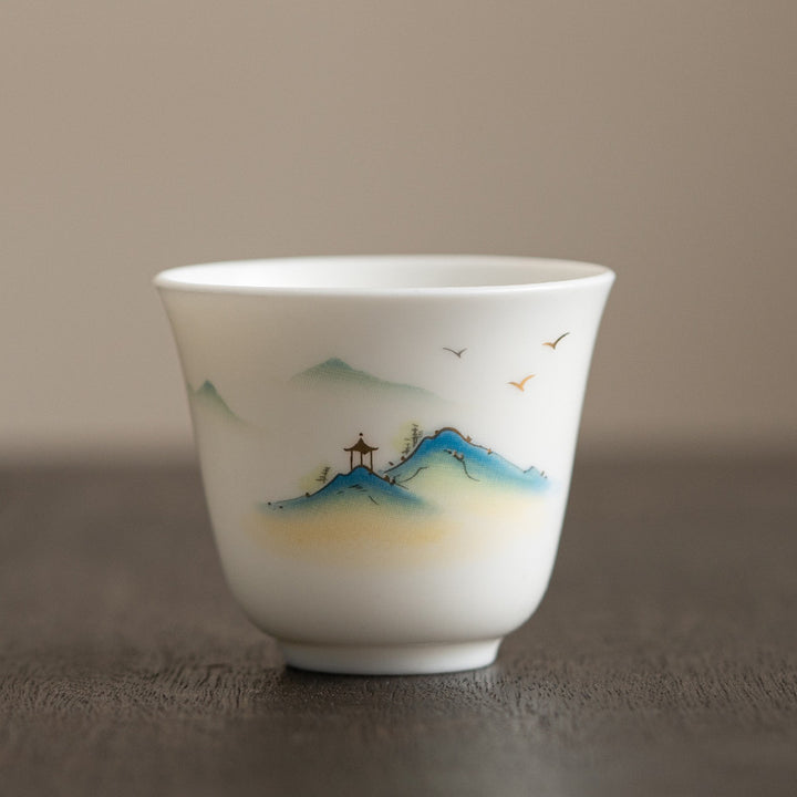 Taza de té de cerámica con Buddha Stones, flor de loto, hoja, montaña, pabellón, alce, peonía, taza de té de Kung Fu