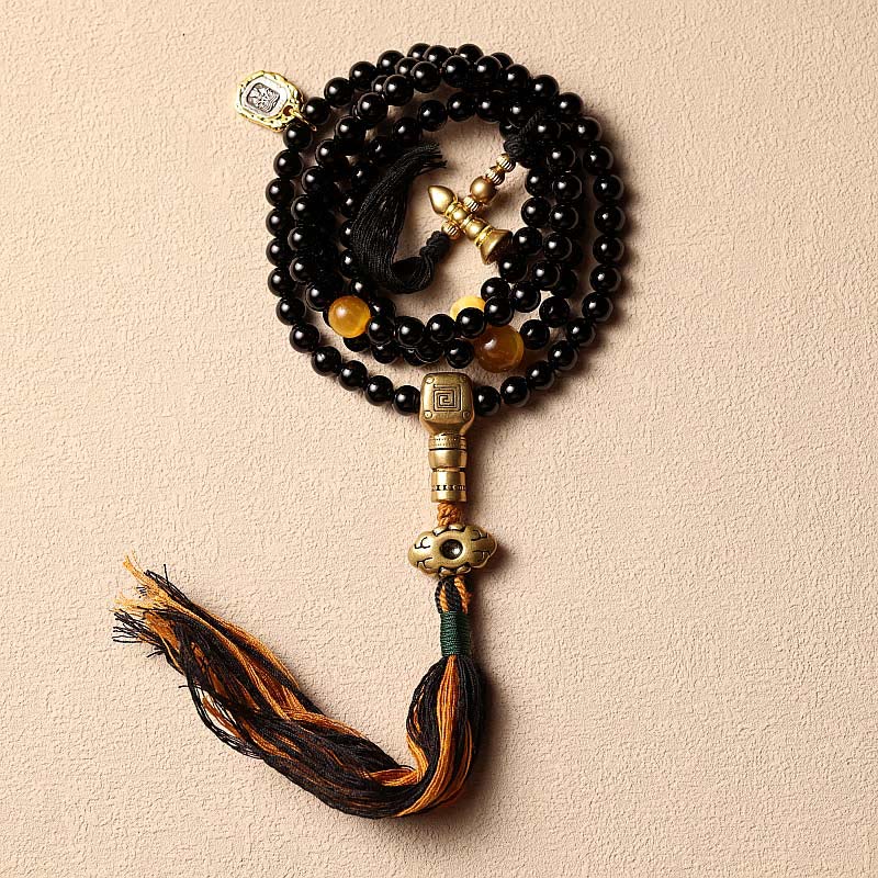 Buddha Stones tibetanas 108 cuentas de Mala ónix negro cuentas de ojo de tigre pulsera de protección Bagua de nueve palacios