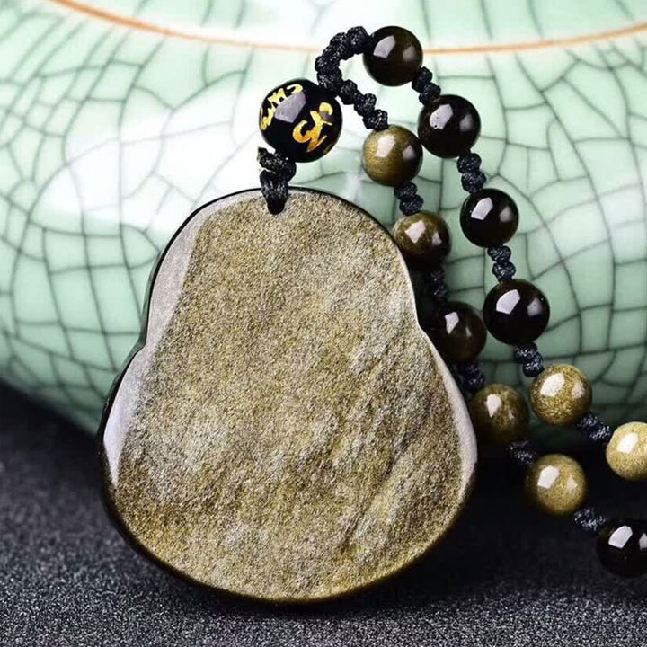 Colgante de collar de riqueza de obsidiana con brillo dorado de Buda sonriente con Buddha Stones - image 5