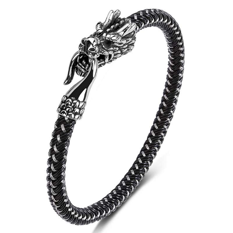 Pulsera de la suerte con protección de acero titanio y dragón de Buddha Stones - Blanco negro - 165mm - image 0