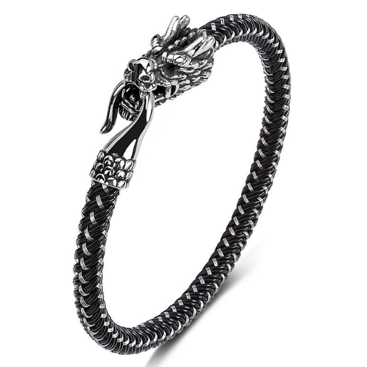Pulsera de la suerte con protección de acero titanio y dragón de Buddha Stones - Blanco negro - 165mm - image 0