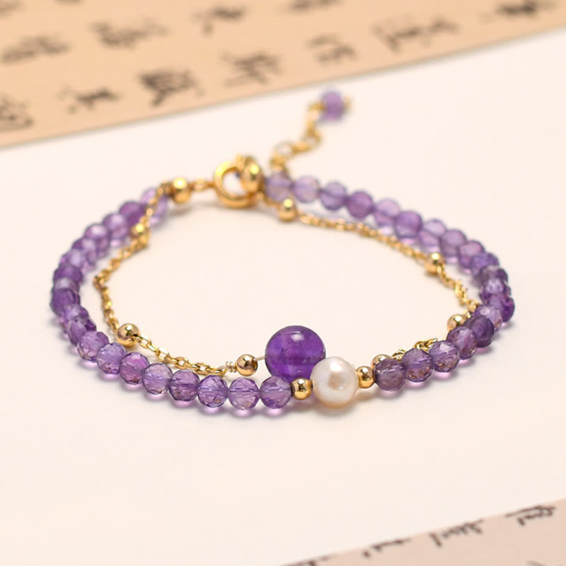 Pulsera de cadena de doble capa curativa con cristal de amatista chapada en oro de 14 quilates con Buddha Stones