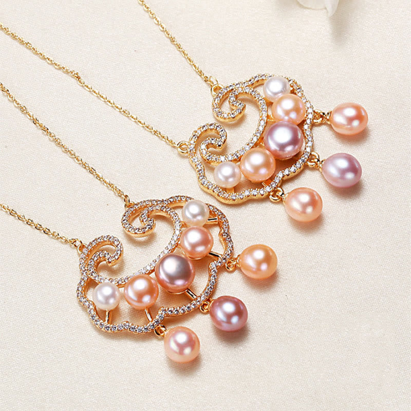 Colgante de collar de sinceridad con dije de cerradura china de perlas naturales chapado en oro de 18 quilates con Buddha Stones
