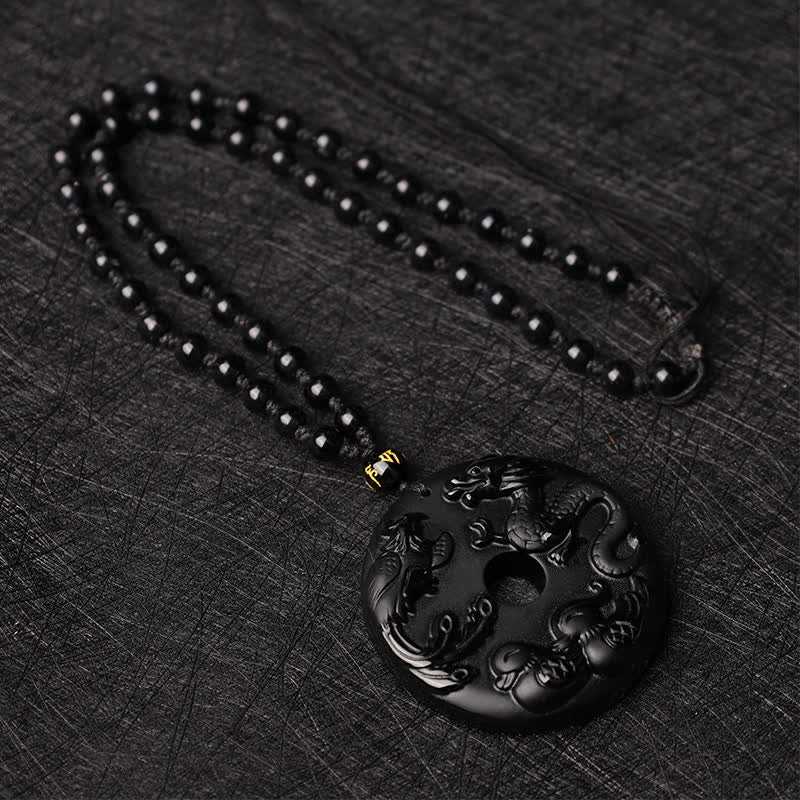 Buddha Stones Obsidiana Negra Dragón Fénix Pato Mandarín Collar de Protección de la Suerte Colgante