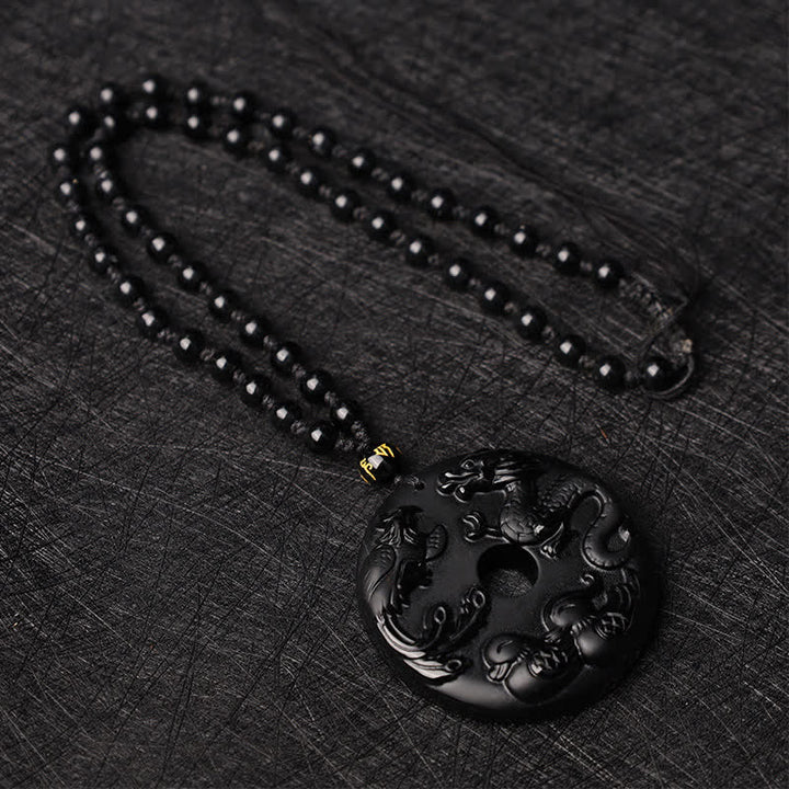 Buddha Stones Obsidiana Negra Dragón Fénix Pato Mandarín Collar de Protección de la Suerte Colgante