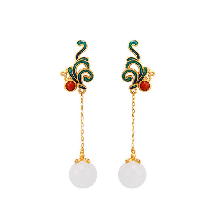 Pendientes colgantes con cuentas de ágata roja y jade blanco vintage con Buddha Stones