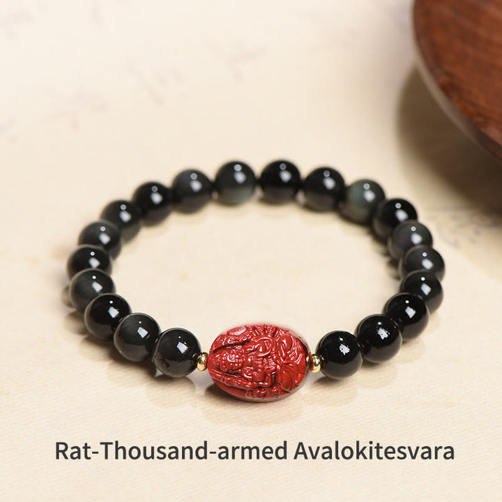 Pulsera de purificación de cinabrio de obsidiana negra Natural de Buda natal del zodiaco chino con Buddha Stones