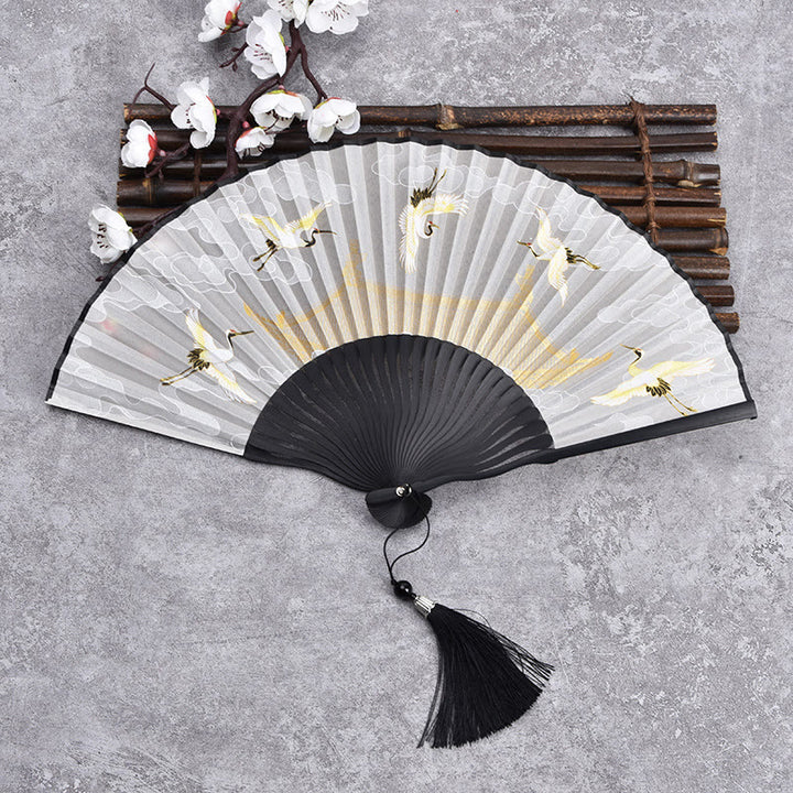 Abanico plegable de bambú de mano con diseño de grulla de nube vintage de Buddha Stones - Bambú beige y negro - image 8
