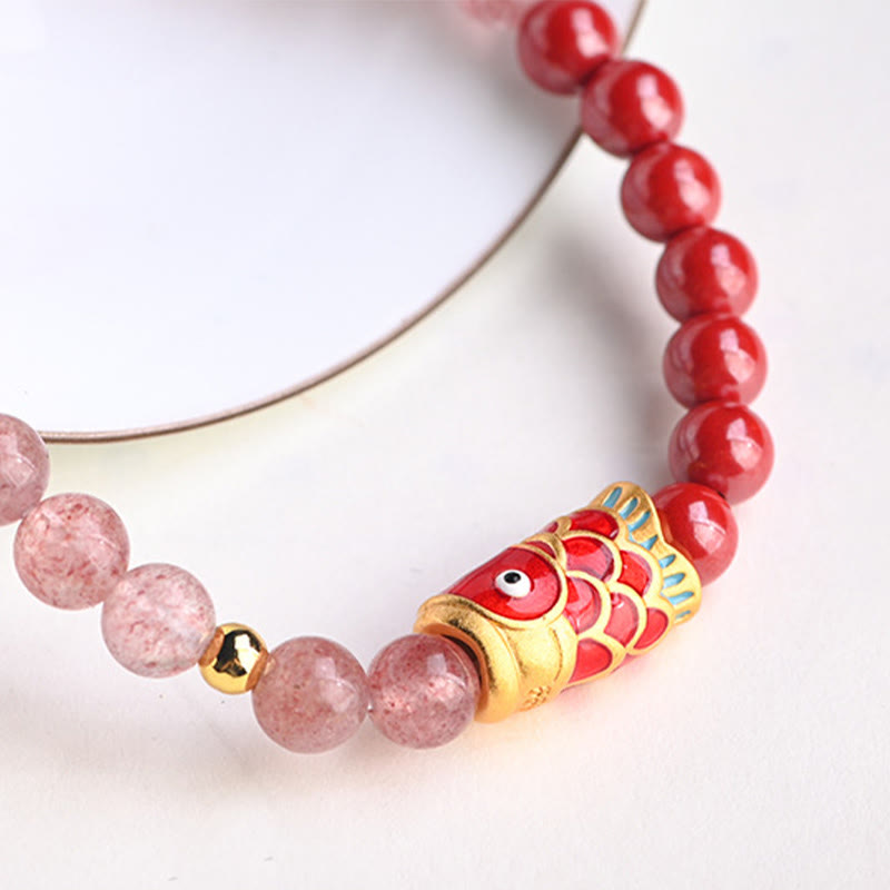 Pulsera curativa de peces Koi de la suerte, cinabrio, cuarzo fresa Natural, Buddha Stones