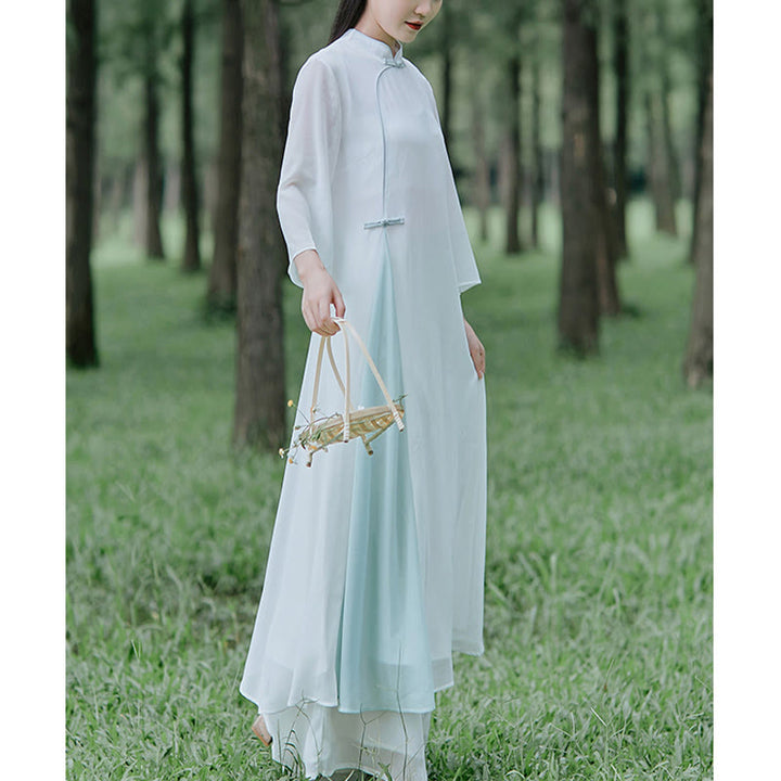 Vestido midi Cheongsam de gasa con manga tres cuartos y Buddha Stones , pantalones de pierna ancha, ropa de práctica Zen para meditación