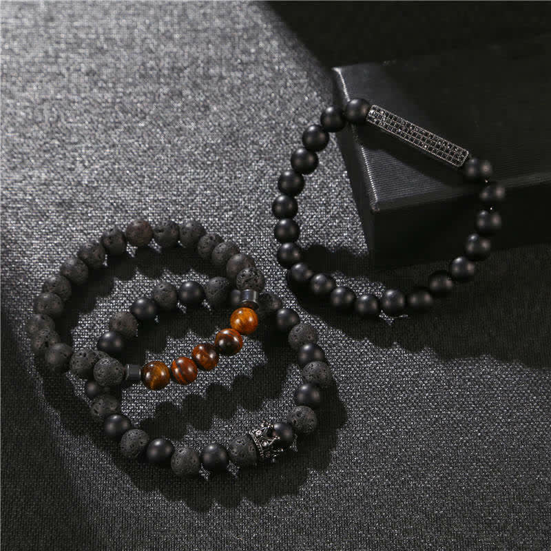 Pulsera activada con ojo de tigre, piedra de Lava, piedra esmerilada, 3 Buddha Stones.