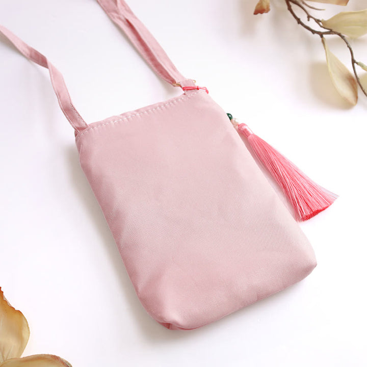 Bolso bandolera con flores bordadas pequeñas y Buddha Stones, bolso de hombro, bolso para móvil de doble capa