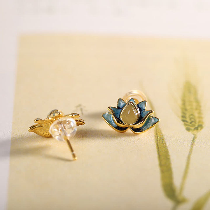 Pendientes de éxito de flor de loto de jade cian hetiano de plata de ley 925