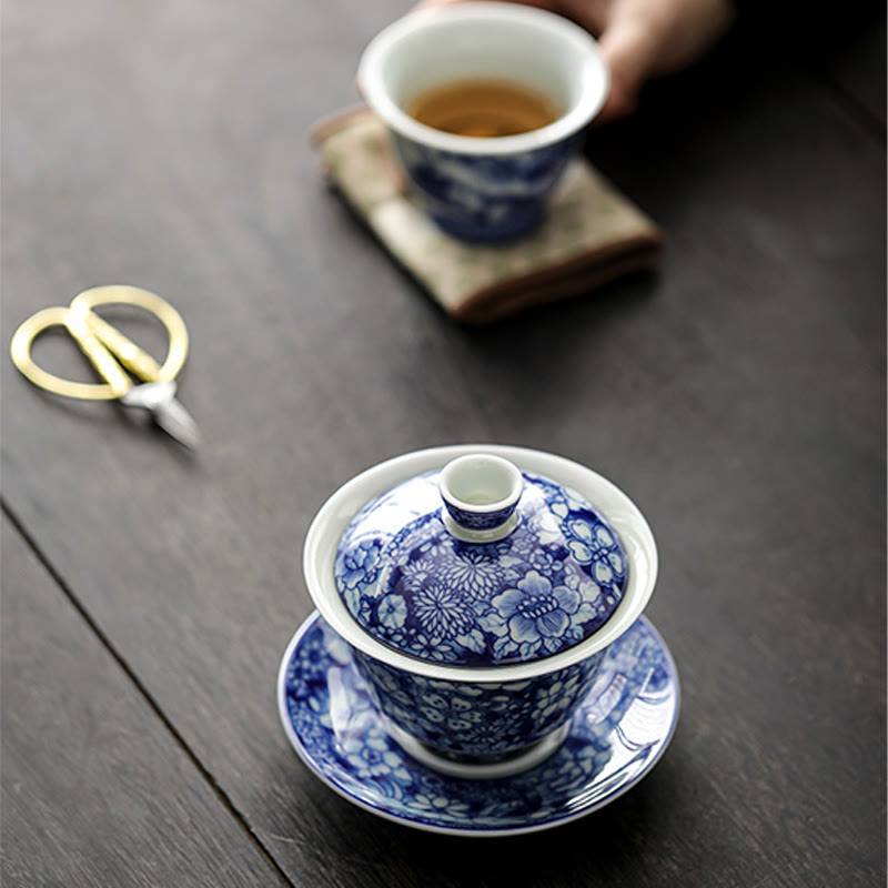Taza de té y platillo de cerámica Gaiwan Sancai, porcelana azul y blanca Vintage, Buddha Stones , Kung Fu, con tapa