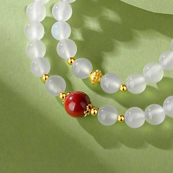 Pulsera de protección doble de cinabrio de ágata blanca natural de plata de ley 925 con Buddha Stones