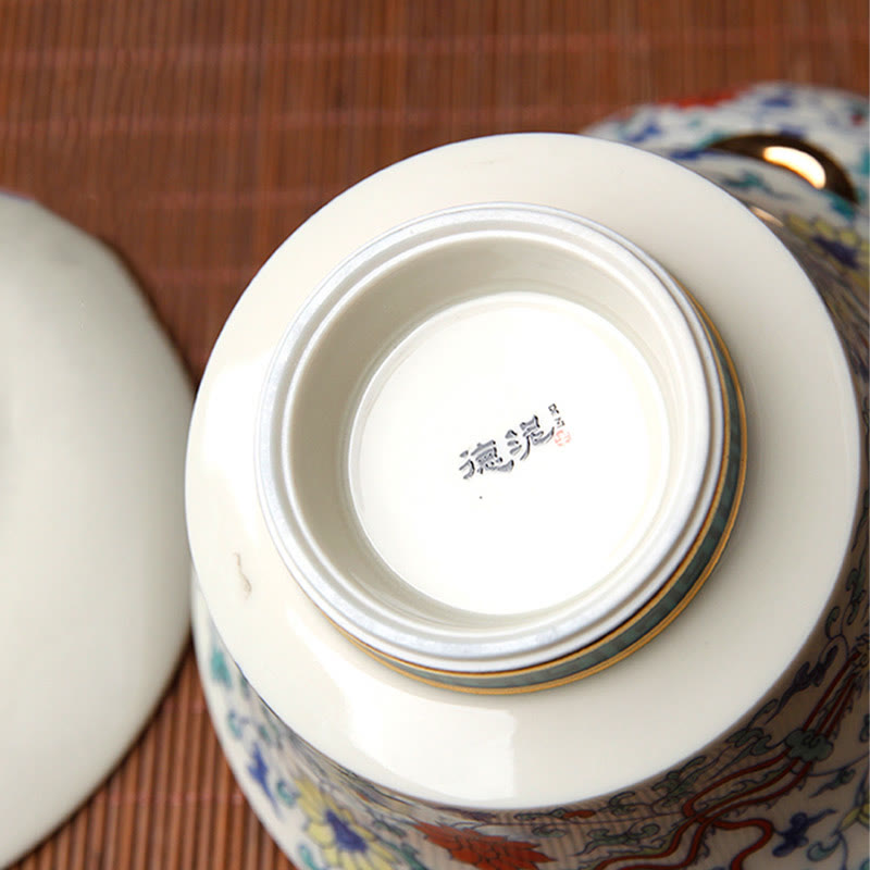 Buddha Stones Retro, flor de ciruelo, pino, bambú, Phoenix, Kirin, cerámica, Gaiwan Sancai, taza de té de Kung Fu y platillo con tapa