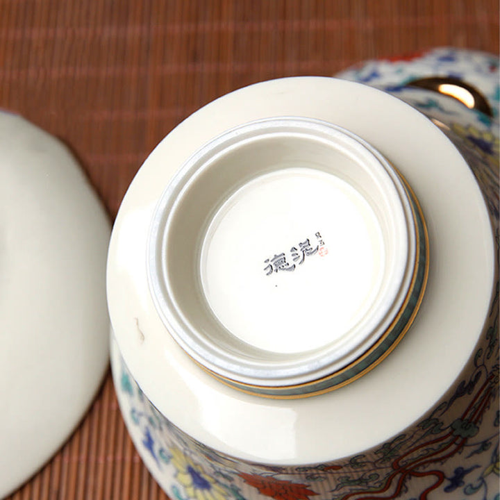 Buddha Stones Retro, flor de ciruelo, pino, bambú, Phoenix, Kirin, cerámica, Gaiwan Sancai, taza de té de Kung Fu y platillo con tapa