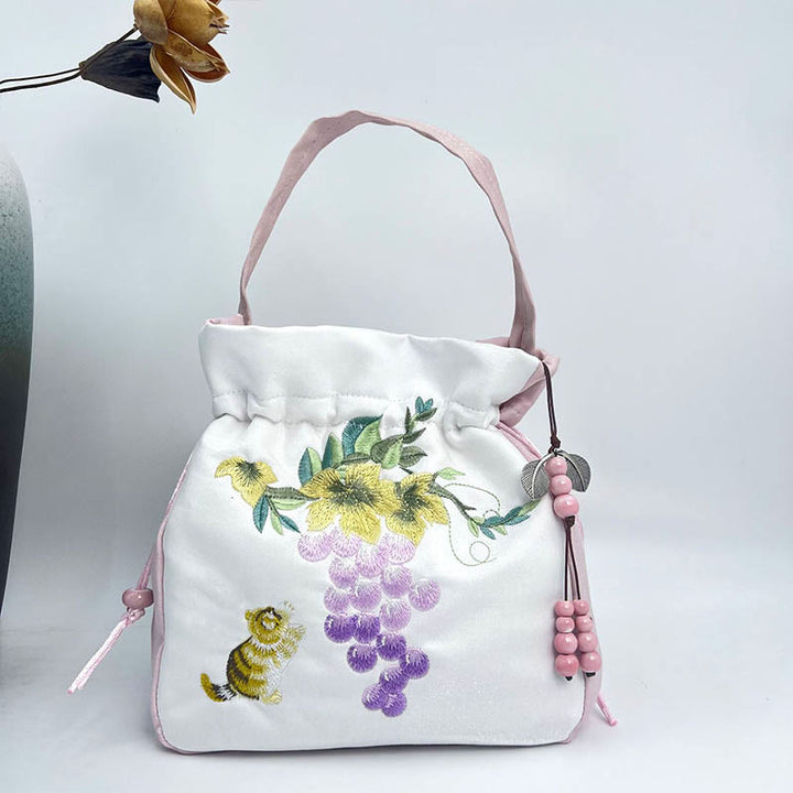 Buddha Stones bordado Osmanthus peonía uva gato algodón lino bolso bandolera bolso de hombro bolso