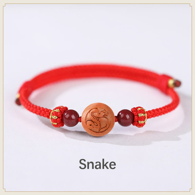 Pulsera de riqueza de cinabrio tallada con carácter del zodíaco chino, madera de melocotón Natural, Buddha Stones - Serpiente-Rojo (Circunferencia de la muñeca 14-18 cm) - image 5