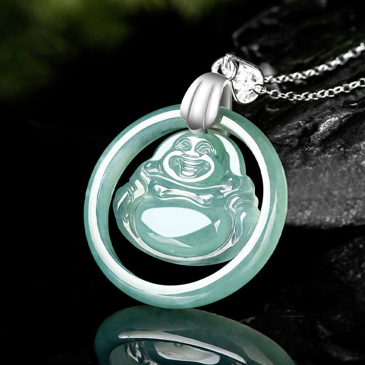 Buddha Stones de plata de ley 925, colgante de collar de cadena de abundancia de Buda sonriente redondo de Jade Natural