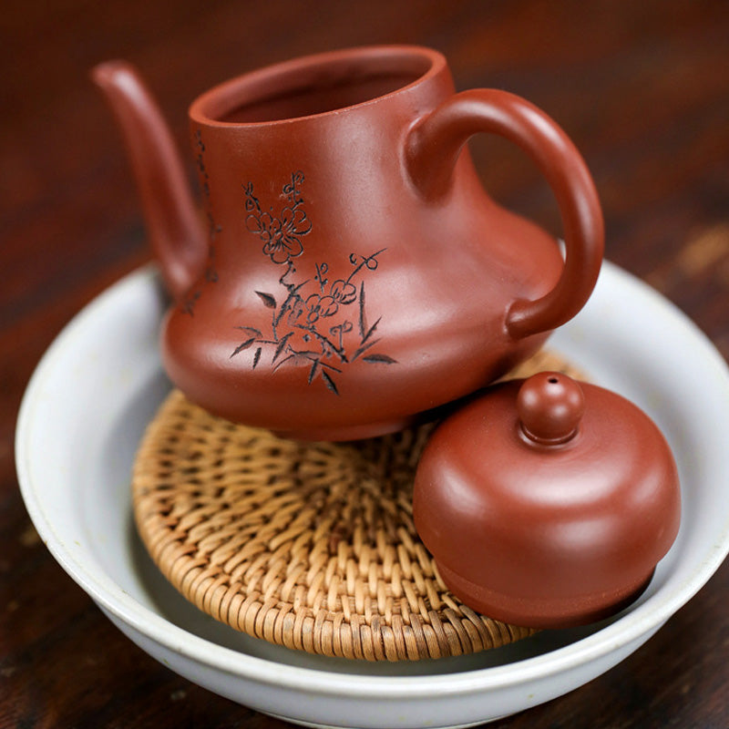 Tetera de kungfú de arcilla púrpura con flor de melocotón de bambú Vintage con Buddha Stones