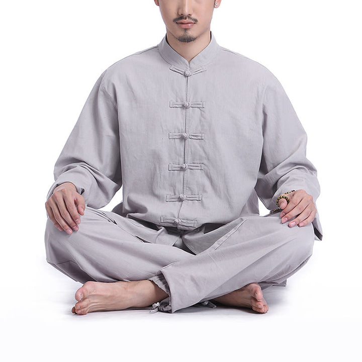 Conjunto de ropa para hombre, diseño de botones de rana china, Buddha Stones , meditación, oración, algodón, lino, espiritual, Zen, práctica de Yoga - Gris (Manga larga) - US/UK/AU44，EU54 (3XL) - image 0