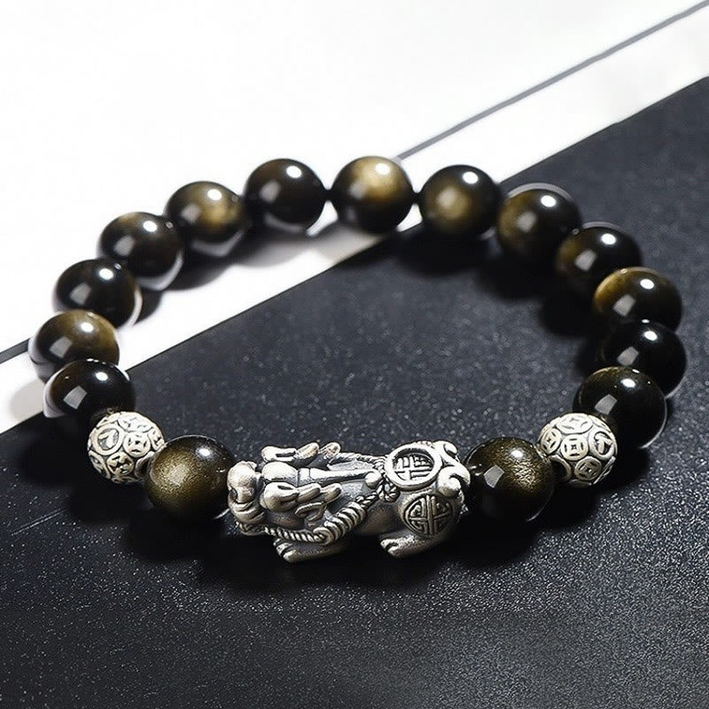 Pulsera de protección de la riqueza PiXiu de obsidiana brillante de oro natural de plata de ley 925 con Buddha Stones