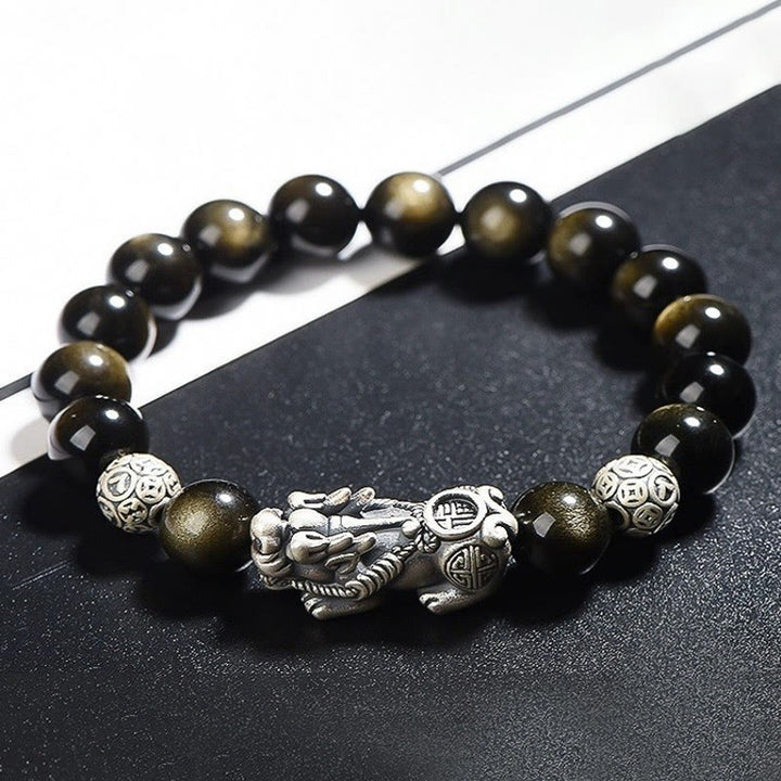Pulsera de protección de la riqueza PiXiu de obsidiana brillante de oro natural de plata de ley 925 con Buddha Stones