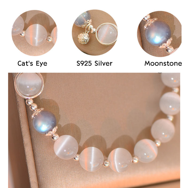 Pulsera de apoyo de amor con piedra lunar y ojo de gato de plata de ley 925 de Buddha Stones