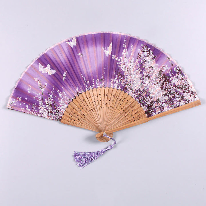 Abanico plegable de bambú de mano con flores de mariposa y Buddha Stones