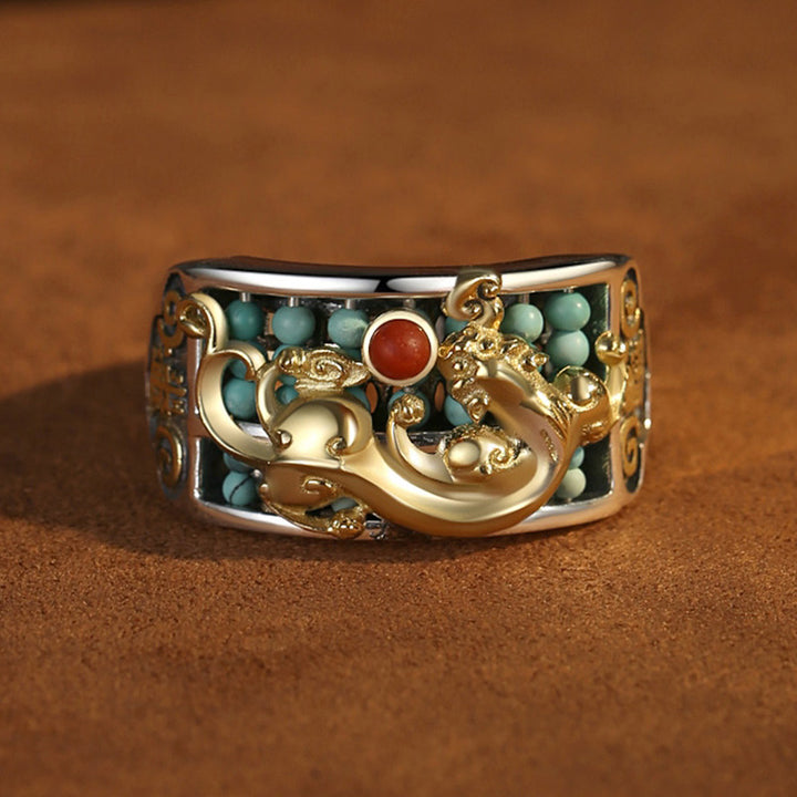 Anillo de protección de ábaco PiXiu de ágata roja turquesa de plata de ley 925 con Buddha Stones