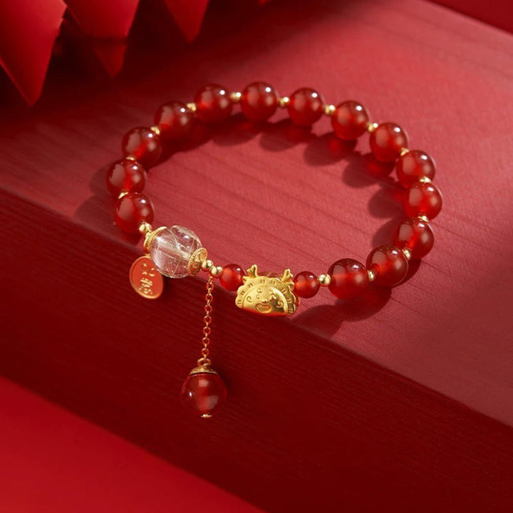 Buddha Stones Año del Dragón Dumpling Ágata Roja Natural Granate Hetian Jade Fu Personaje Suerte Éxito Pulsera