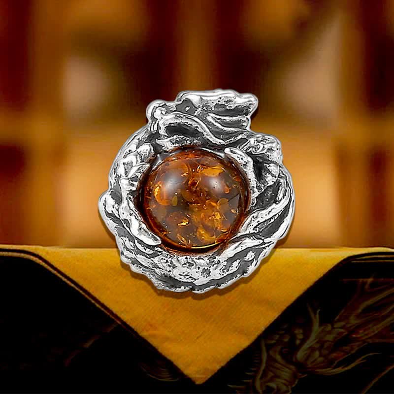 Pendientes de tuerca de plata de ley 925 con Buddha Stones, dragón de ámbar natural, protección del éxito