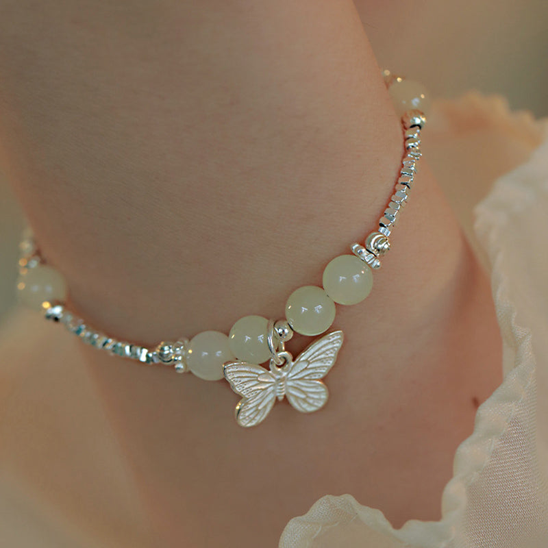 Pulsera con dije de mariposa de la suerte de jade hetiano natural de plata de ley 925 con Buddha Stones