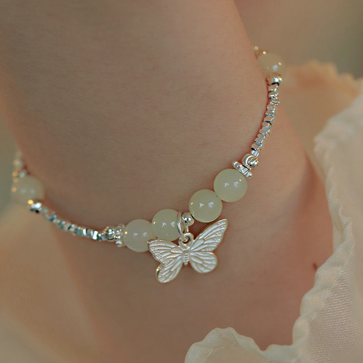 Pulsera con dije de mariposa de la suerte de jade hetiano natural de plata de ley 925 con Buddha Stones