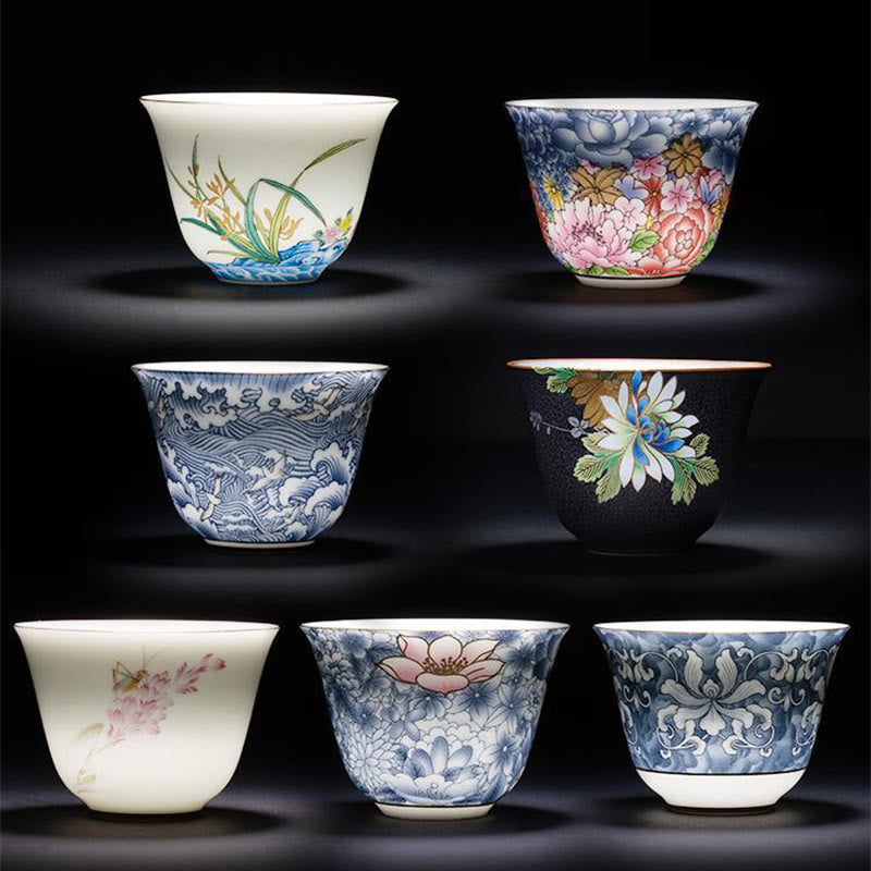 Taza de té de cerámica de porcelana azul y blanca, Buddha Stones, flores coloridas, orquídeas, olas del mar, taza de té de Kung Fu