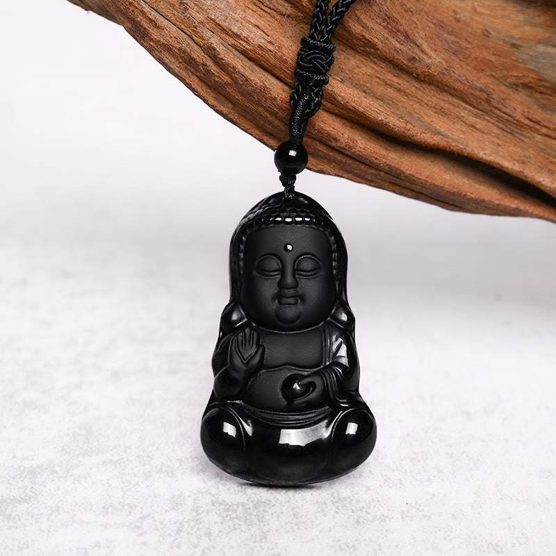 Buddha Stones de cristal de obsidiana negra natural, amuleto de protección de fuerza de Buda, collar con colgante de amuleto de la suerte - image 4