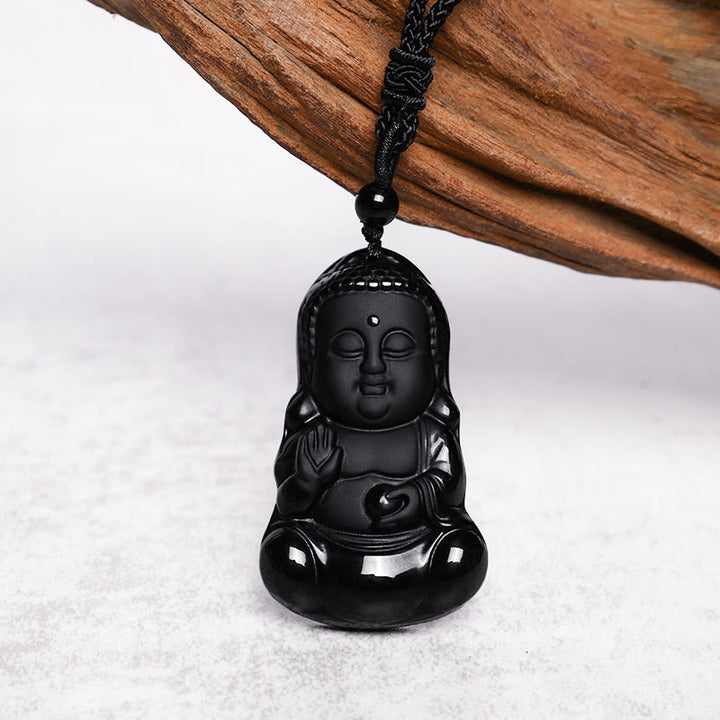 Buddha Stones de cristal de obsidiana negra natural, amuleto de protección de fuerza de Buda, collar con colgante de amuleto de la suerte - image 4