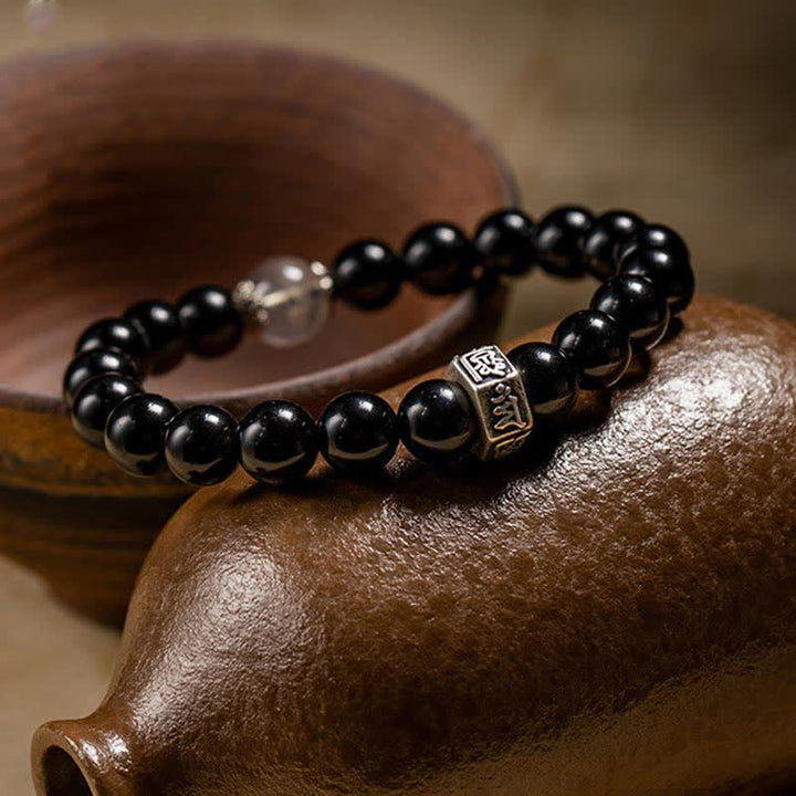 Pulsera de fuerza de piedra lunar de obsidiana negra de plata de ley 925 con Buda natal del zodíaco chino