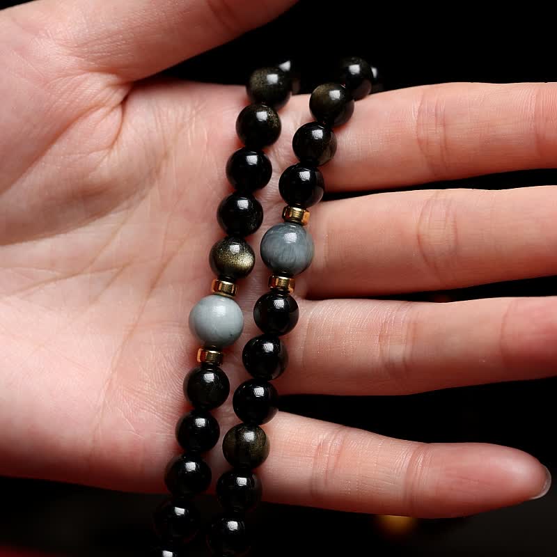 Pulsera de riqueza de piedra de ojo de águila de ojo de tigre de obsidiana con brillo dorado de 108 cuentas Mala