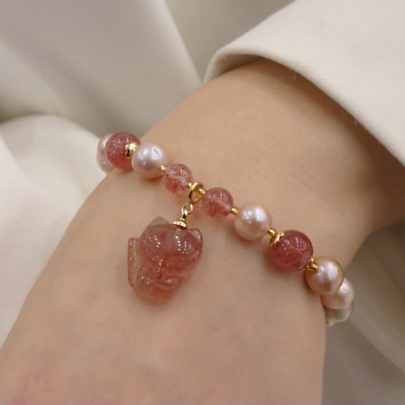 Pulsera con dije curativo de amor de zorro lindo de cuarzo fresa con Buddha Stones