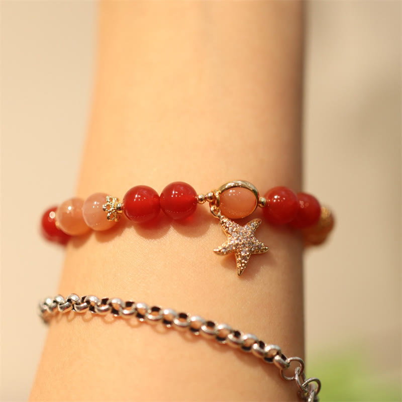 Pulsera de riqueza de estrella de cristal de ágata roja, piedra lunar, melocotón, piedra solar