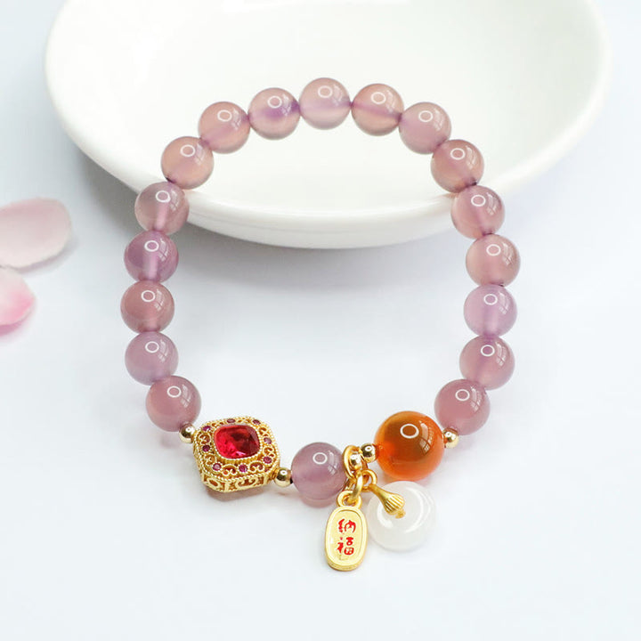 Buddha Stones, Calcedonia púrpura Natural, ágata de caramelo, hebilla de la paz, pulsera con amuleto de la suerte y la armonía