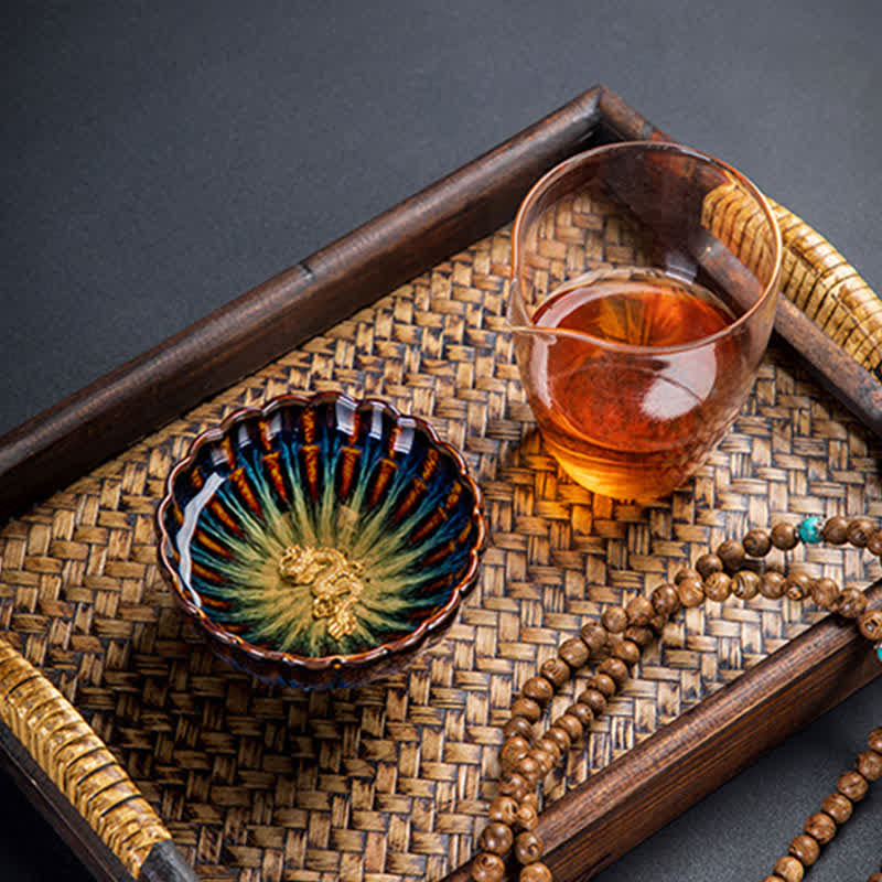 Tazas de té de cerámica con incrustaciones de Buddha Stones, loto, pez dorado, dragón auspicioso, fénix, 130 ml