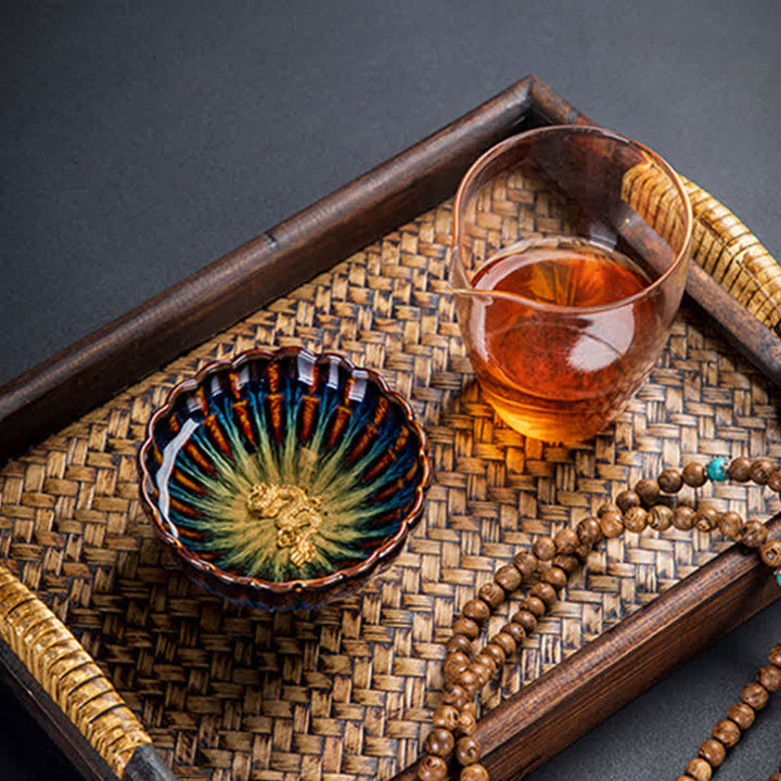Tazas de té de cerámica con incrustaciones de Buddha Stones, loto, pez dorado, dragón auspicioso, fénix, 130 ml