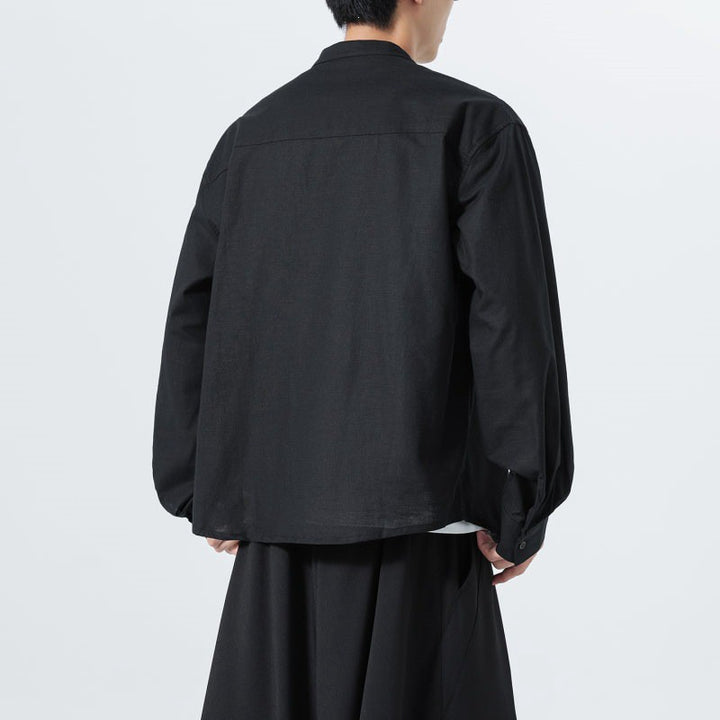 Buddha Stones Camisas de manga larga para hombre de estilo minimalista Tang con cuello mandarín y bolsillo de parche. - image 11